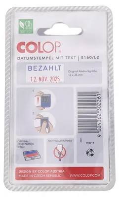 Produktbild von COLOP Mini-Dater S160/L mit Text Bezahlt und Datum in Deutsch, Abdruck blau/rot, im Blister