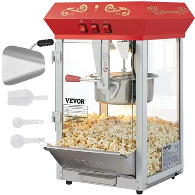 Produktbild von VEVOR Popcornmaschine, 850W Popcorn Popper, 8 Oz Kessel macht 48 Tassen pro Charge, Tisch-Popcornmaschine mit gehärtetem Glas, inklusive 4 Schaufeln, im Kino-Stil, Rot, Rot, 8oz
