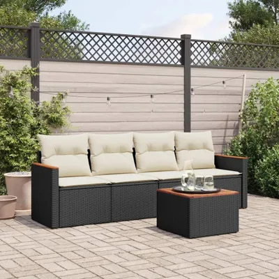 Produktbild von Design 5-tlg. Garten-Sofagarnitur mit Kissen Schwarz Poly Rattan, Gartenmöbel-Sets 2024 Neu