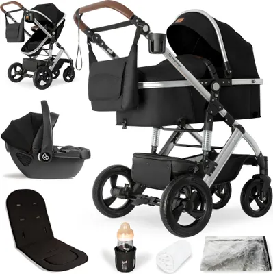 A collection of baby travel items, including a stroller, car seat, and accessories, arranged on a white background.