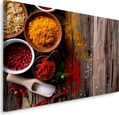 Produktbild von Fabelhafte Canvas LEINWAND BILDER 90x60 cm XXL Kunstdruck Gewürze Bunt Holz Schüsseln