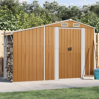 Produktbild von Gerätehaus aus verzinktem Stahl Braun 277 x 93 x 179 cm robust wetterfest für Gartenhaus, Gartenschuppen, Werkzeugaufbewahrung, Fahrradbox, Mülltonne und Holzunterstand im Außenbereich