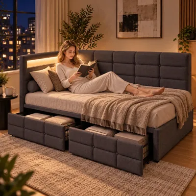 Obrázek produktu pro INONEFT rozkládací pohovka 140x190 cm, použitelná jako postel, s bočními opěrkami ve tvaru písmene L a se dvěma zásuvkami, s RGB LED osvětlením a USB portem, vhodná do studentských pokojů, pokojů pro hosty a menších prostor