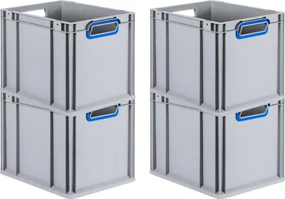 Produktbild von SuperSparSet 4x Eurobox NextGen Color | HxBxT 32x30x40cm | 30 Liter | Griffe blau offen | Glatter Boden | Grau | Eurobehälter, Transportbox, Transportbehälter, Stapelbehälter