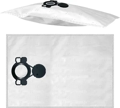 A top-down view of a vacuum cleaner bag and a close-up of its attachment mechanism.