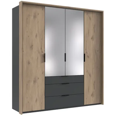 Produktbild von Kleiderschrank 204 cm mit Spiegel, Passepartoutrahmen in grau und Eiche BIELLA-43