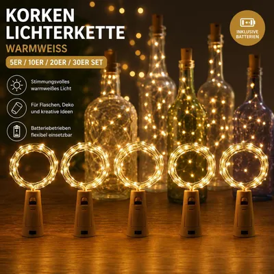 Produktbild von LED Flaschenlichterkette mit Korken – 30er Set, je 2 m, 20 LEDs, warmweiß, batteriebetrieben,E0399-30
