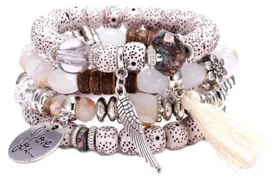 Produktbild von QKEPCY 4pcs Armband-Set mit Quasten Wickelarmband mit Naturstein Perlen Boho Meh
