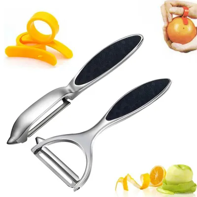 Produktbild von 4-teilig Sparschäler-Set - hochwertiger Kartoffelschäler - Spargelschäler - mit Orangenschäler - Y-Modell - zum Schälen von Obst und Gemüse
