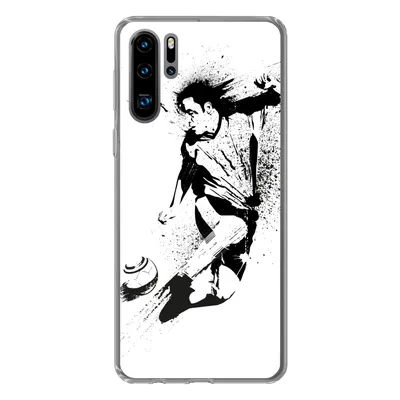 Produktbild von MuchoWow® Handyhülle Schutzhülle Hülle für Huawei P30 Pro Eine Illustration einer Person, die einen Fußball in Richtung Tor schießt - Jungen - Junge - Kind Silikon Softcase Handy Hülle - Schutzdeckel