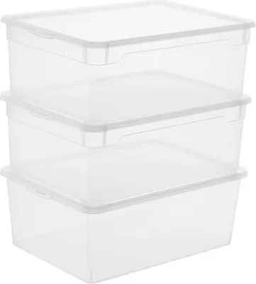 Three clear plastic storage boxes stacked on top of each other.