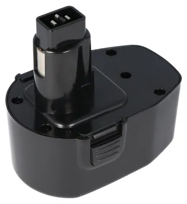 A black power tool battery pack is shown from a slightly elevated diagonal angle against a white background.