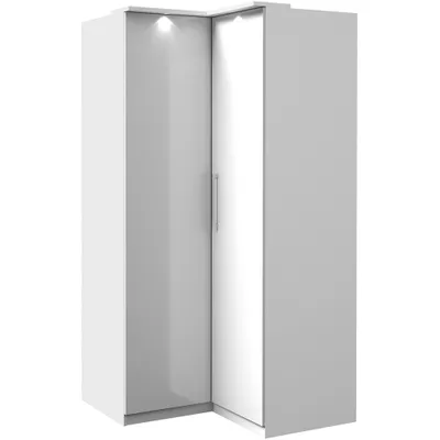 Produktbild von Eckkleiderschrank weiß OLMO-83 mit Fronten in Hochglanz weiß inkl. LED Beleuchtung, B/H/T: ca. 109/217/63 cm