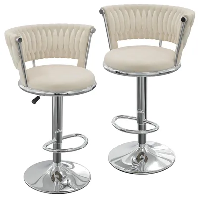 Produktbild von 2er-Set Barhocker - Verstellbarer Samt Barstuhl - Höhe 48,5–100 cm - 360° drehbar - Mit Armlehnen und Lehne - Metallgestell - Silber