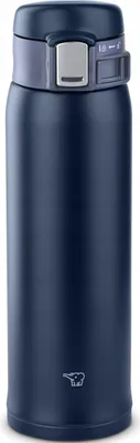 A navy blue Zojirushi stainless steel thermos bottle with a gray lid and silver button.