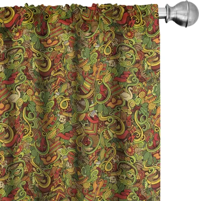 Obrázok produktu pre ABAKUHAUS Fiesta závesy, záclony, karikatúra, latinskoamerický štýl, gitarový klobúk, maska, vír, etnická kultúra, 2 kusy, 75 x 245 cm, viacfarebné