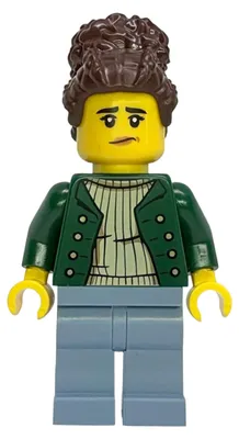 Obrázok produktu pre LEGO Minifigúrka – Zamestnankyňa bane, tmavozelený otvorený kabát, farba piesku (bdp304)