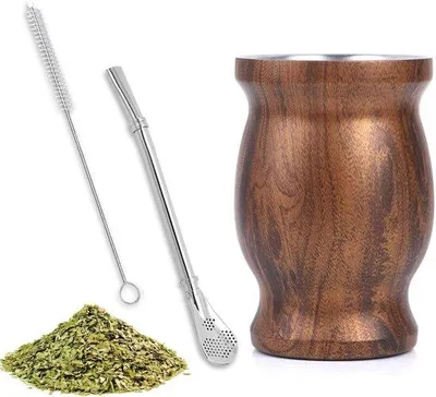 Produktbild von Famanu Thermobecher 230 ml Holzmaserung mit Strohhalm und Bürste für Tee, Kaffee, Milch, Saft