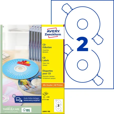 Produktbild von Avery Zweckform L6043-100, CD-Etiketten ClassicSize, A4, ? 117 mm, 200 Etiketten / 100 Bögen, weiß