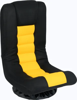 A black and yellow floor chair with a swivel base.