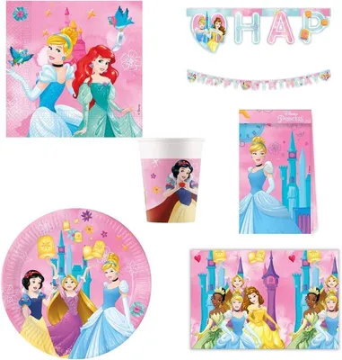 Produktbild von Disney Princess Partyset Teller, Servietten, Becher, Tischdecke, Tüten, Banner, Tischdeko, Geburtstagsdekoration