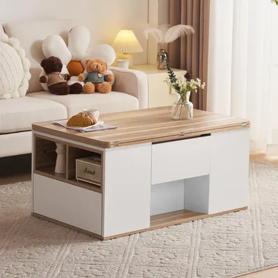 Immagine prodotto di Tavolino, versatile, multifunzionale, il piano del tavolo si apre per creare due superfici, grande capacità, ideale per il soggiorno, l'ufficio, come tavolo da pranzo o per attività ricreative
