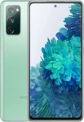 A mint green Samsung Galaxy S20 FE smartphone is shown from the front and side.