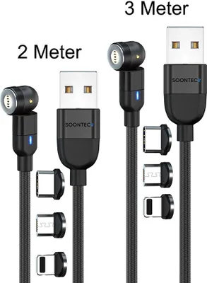 Obrázek produktu pro Sada 2 magnetických nabíjecích kabelů (2 metry + 3 metry) SOONTEC magnetický nabíjecí kabel otočný o 360° a 180° se 3 zástrčkami Micro USB/ USB-C/ Lightning 3.0 A nabíjecí kabel (černý)