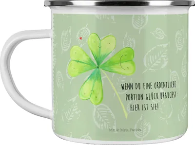 Produktbild von Mr. & Mrs. Panda Teetasse Blume Kleeblatt - Blattgrün - Geschenk, Glücksbringer, Emaille Becher, Pott, Glück, Teebecher, Blechtasse, Motivation, Garten, Jobwechsel, Tasse