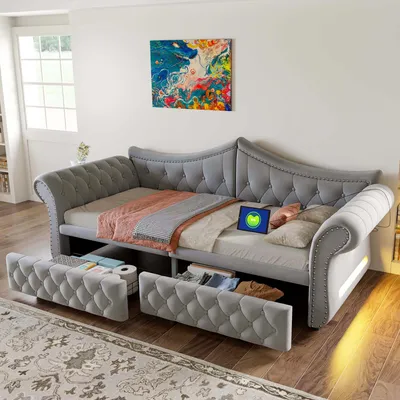 Productafbeelding van Merax Gestoffeerd dagbed 90x200 cm met 2 lades, dagbed met USB-oplaadpoort en LED-verlichting, fluweel slaapbank, eenpersoonsbed, gastenbed, grijs