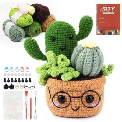 Immagine prodotto di Kit per principianti per realizzare un cactus in vaso all'uncinetto, completo di filato e istruzioni, colore verde