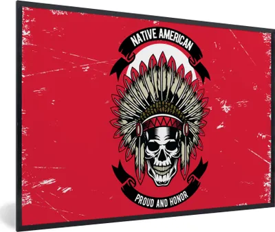 Produktbild von MuchoWow® MuchoWow® Gerahmtes Poster Schädel - Indianerkopf - Vintage - Zeichnung 90x60 cm - Poster mit zchwarzem Bilderrahmen - Fotorahmen - Foto-Plakat