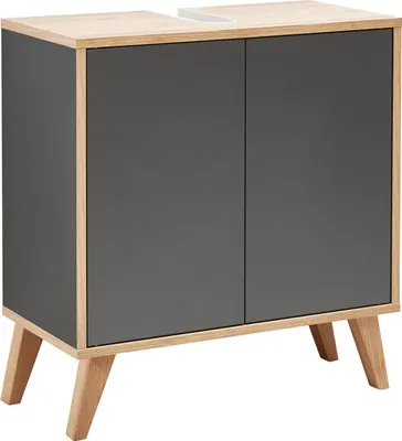 Produktbild von FACKELMANN FINN Badmöbel Set 2 Teile / Waschbeckenunterschrank mit Push-to-Open / 4 Holzfüße / Badschrank mit 2 Türen / Korpus & Front: Schwarz / Rahmendekor & Füße: Braun hell / Breite: 60 cm