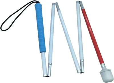 Zdjęcie produktu dla Biała laska 120 cm, aluminiowa, 5 części, składana, niebieski uchwyt, dla niewidomych