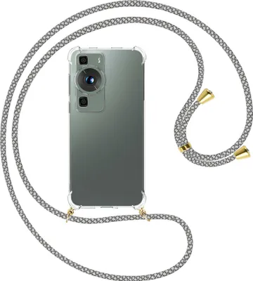 Produktbild von Handykette Backcover-Schutzhülle mit Band (Metall goldfarben) für Huawei P60 / P60 Pro (6.67'') - weiß/grau kariert