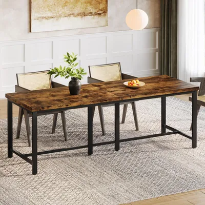 Image de Table de salle à manger de 200 cm, pour 6 à 8 personnes, table de cuisine rectangulaire de style industriel, rustique, avec pieds en métal, de couleur marron