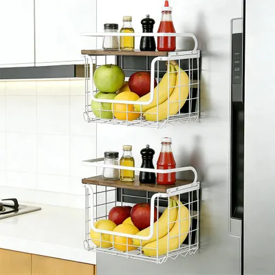 Produktbild von 2 Stück Hängekorb Küche mit Holz Deckel,Stapelbar Obstkorb Hängend Drahtkorb für Arbeitsplatte oder Wandmontage,Aufbewahrungskorb Küchenorganizer
