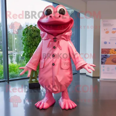 Produktbild von Rosafarbener REDBROKOLY Frosch Maskottchen Kostüm charakter bekleidet mit einem Regenmantel und Ohrringen