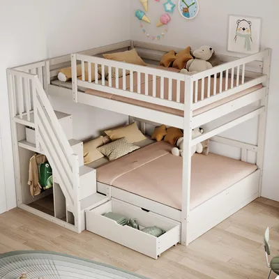 Immagine prodotto di Letto a castello in legno massello Sweiko 140x200 cm, con sponda di sicurezza alta, rete a doghe, scaletta di sicurezza con vano contenitore, cassetti portaoggetti, lettino junior letto matrimoniale, bianco