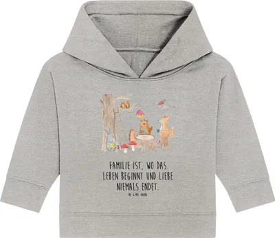 Produktbild von Mr. & Mrs. Panda Organic Baby Hoodie Waldtiere Picknick 24. - 36. Monat - Heather Grey - Geschenk, Wald, Kapuzenshirt, Hase, Lustige Sprüche, Kapuzensweatshirt, Maus