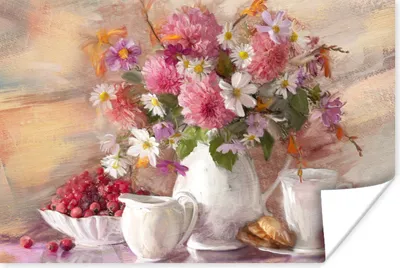 Produktbild von MuchoWow® Poster Gemälde - Blumen - Vase - Ölfarbe 60x40 cm - Schlafzimmerdekoration