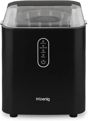 A black H.Koenig ice maker is shown from the front against a white background.