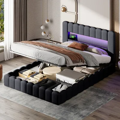 A modern bedroom with a bed featuring integrated storage and LED lighting.