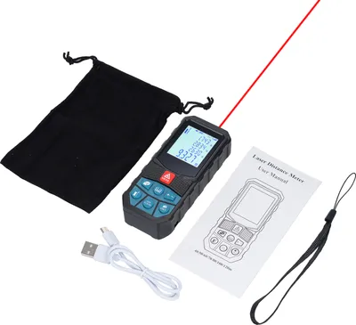 A laser distance meter and its accessories are laid out on a white background.