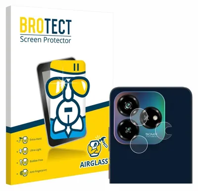 A product packaging for a screen protector with a graphic of a phone and a close-up of a phone's camera module with screen protectors applied.