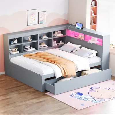 Produktbild von Massivholzsofa 140*200cm, mit extra großen Schubladen, mit USB-Steckdose und LED-Lichtleiste, mit Einlegeböden und Ablagefächern, viel Stauraum, multifunktionales Doppel-Holzbett, Grau