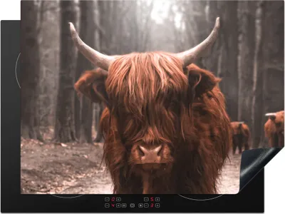 Produktbild von KitchenYeah© Herdabdeckplatte Schottischer Highlander - Tiere - Wald , 71x52cm, Küche Deko, Glaskeramikkochfeld Herdabdeckung, Abdeckplatte fùr Kochfeld