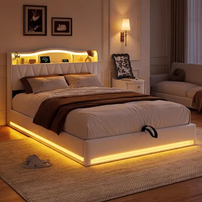 Produktbild von INONEFT Polsterbett 140x200cm mit USB, Hydraulischem Boxspringbett, Doppelbett Stauraumbett mit LED, Bettgestell mit Lattenrost/Stauraum, Beige, Samt