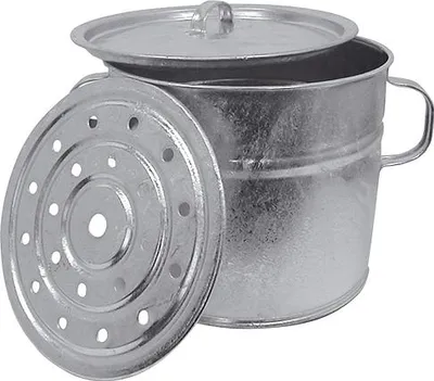 A galvanized metal pot with a lid and a perforated insert.