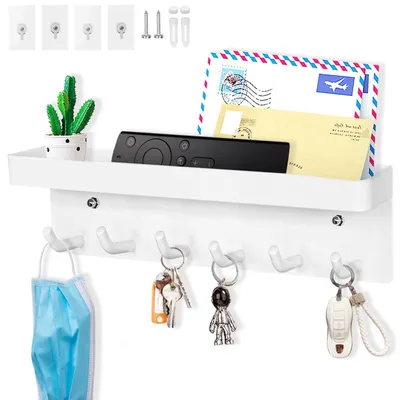 Image de Porte-clés mural - Crochet porte-clés - Étagère porte-clés - 6 crochets - Blanc